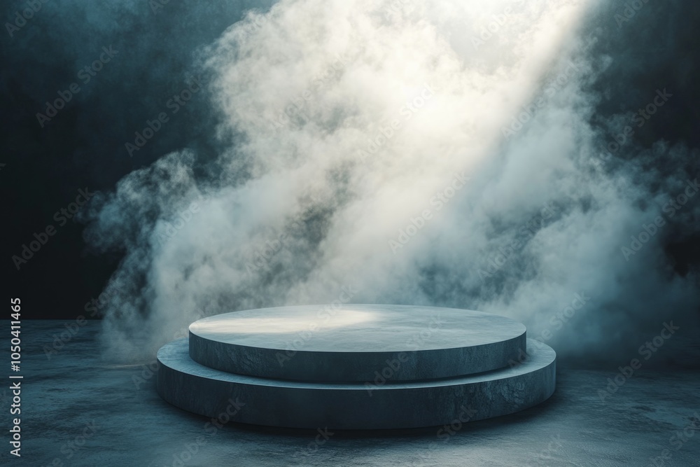 Poster empty round concrete display podium with smoke in the background