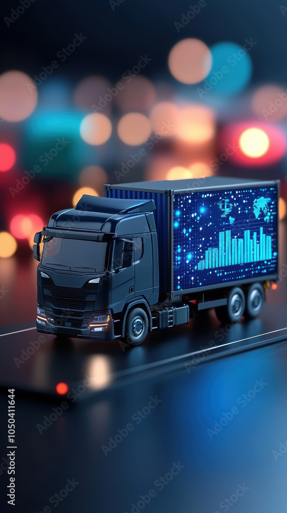 Poster modern truck model with digital dashboard displaying predictive analytics, symbolizing logistics and