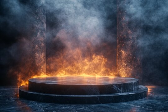 Empty marble podium burning with orange flames and smoke