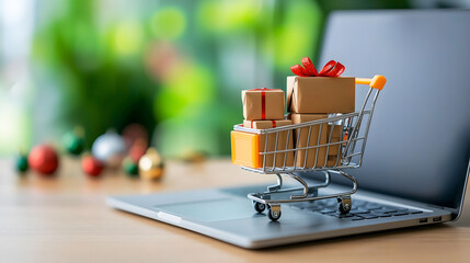 Mini Shopping Cart with Gifts on Laptop
