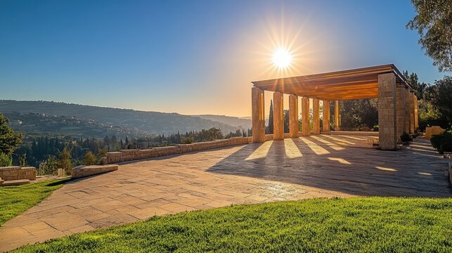The golden facades of the ancient Beit Hamikdash temple shine under the sun, framed by Jerusalem hills, evoking history and spirituality