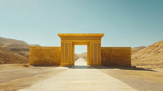 The golden facades of the ancient Beit Hamikdash temple shine under the sun, framed by Jerusalem hills, evoking history and spirituality