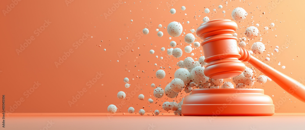 Poster striking abstract representation of judges gavel striking sound block, creating dynamic explosion of