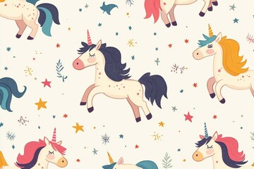 Colorful unicorns posing in a seamless fantasy pattern