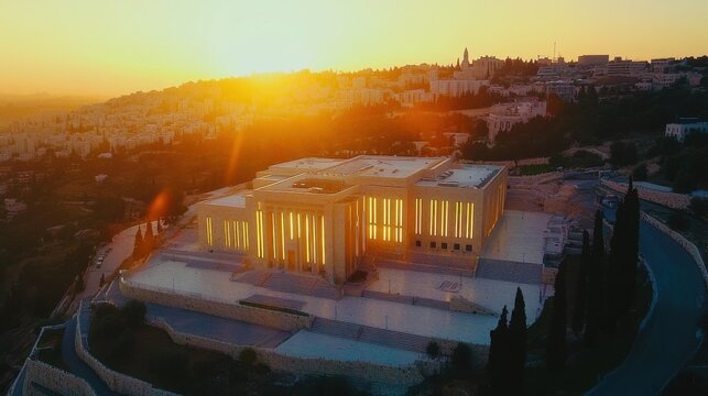 The sun-kissed golden facades of Beit Hamikdash rise from the hills of Jerusalem, emanating a timeless, sacred atmosphere