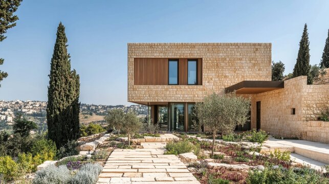 The sun-kissed golden facades of Beit Hamikdash rise from the hills of Jerusalem, emanating a timeless, sacred atmosphere