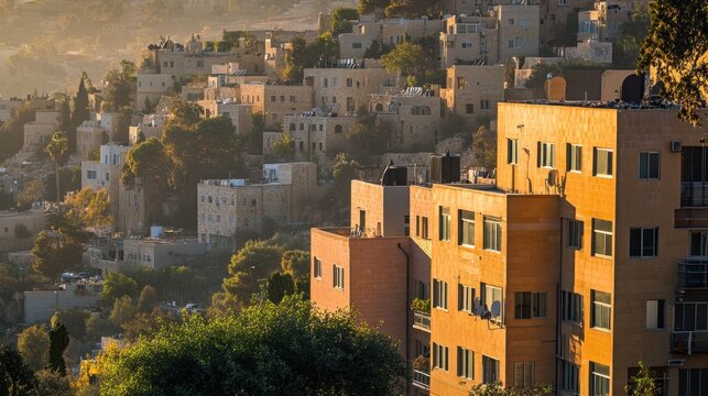 The sun-kissed golden facades of Beit Hamikdash rise from the hills of Jerusalem, emanating a timeless, sacred atmosphere