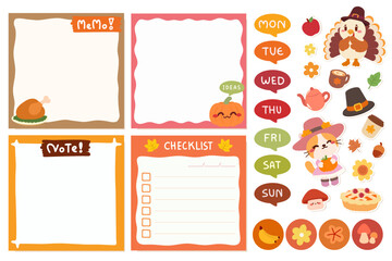 Planner Set with Stickers and Adorable Animals. A cute Thanksgiving themed memo and planner set featuring adorable cartoon animals, stickers and fall elements.