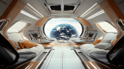 Fototapeta premium Futuristic interior with Earth visible through a large window.