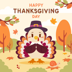 Naklejka premium Adorable Thanksgiving illustration features a kawaii style turkey wearing a pilgrim hat in a cozy autumn forest, surrounded by colorful leaves and trees. 