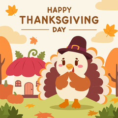 Thanksgiving illustration showcases an adorable kawaii turkey in a pilgrim hat, standing in front of a pumpkin shaped house in a cozy autumn forest. Surrounded by falling leaves and autumn colors.