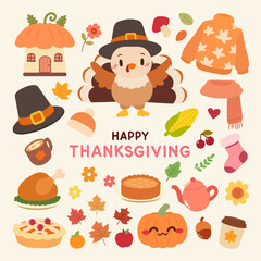 A cute collection of Thanksgiving themed elements, including a cartoon turkey, pumpkin house, autumn leaves, cozy clothing and festive foods.