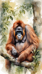 Naklejka premium A watercolor painting of an orangutan with expressive eyes and detailed fur.