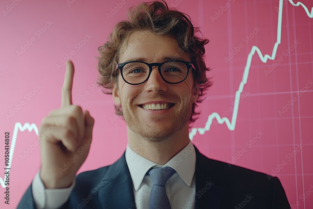 Poster smiling businessman pointing up with positive financial chart showing growth in background
