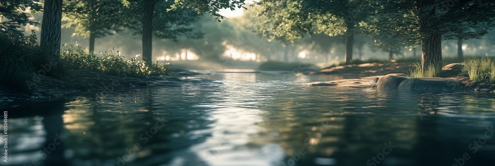 Poster a serene 3d representation of a river flowing through a forest, with reflections of trees on the wat