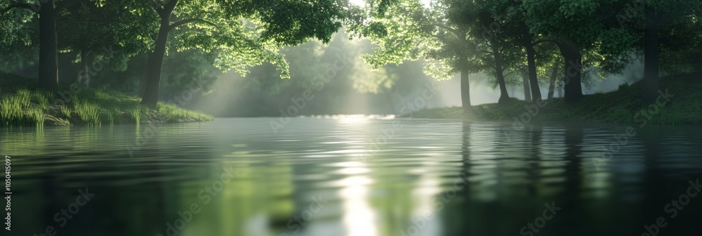 Poster a serene 3d representation of a river flowing through a forest, with reflections of trees on the wat