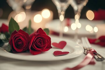 Obraz premium Romantic Dinner Setting with Roses and Heart Decor