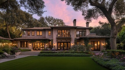 Traditional house with horizontal lap siding, glowing under the setting sun, embodying warmth and rustic elegance