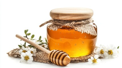 A jar of Manuka honey with a wooden honey dipper, isolated on a white background