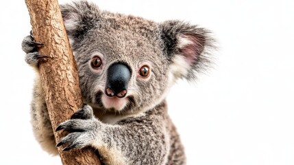 Naklejka premium A koala clinging to a tree branch, with soft fur and big eyes, isolated on a white background