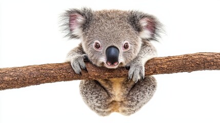 Naklejka premium A koala clinging to a tree branch, with soft fur and big eyes, isolated on a white background