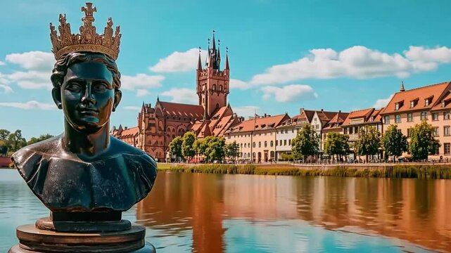 Bust sculpture with crown by scenic riverside and historic buildings. Royal statue overlooking river with European like architecture in background.