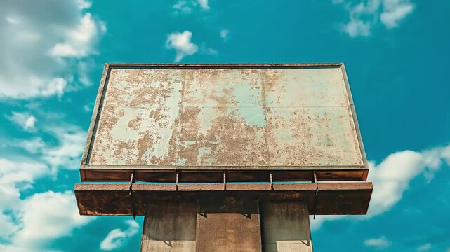 Weathered empty billboard under bright sky waiting for advertisement. Timelapse video.