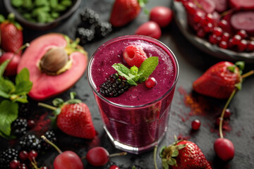 Vibrant berry smoothie with fresh fruits and mint garnish on a rustic dark background