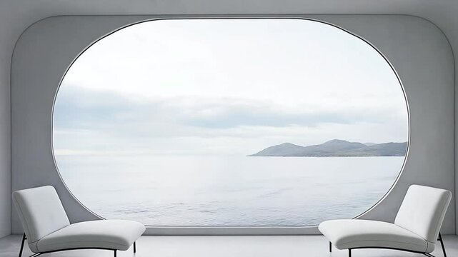 Modern white lounge with white chairs and circular window framing ocean scenery.