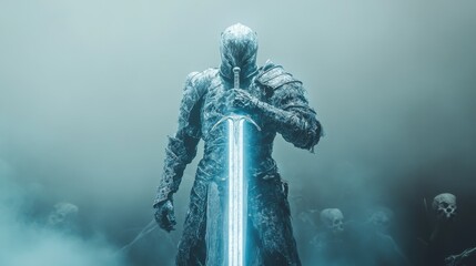 Warrior clad in ice, with a radiant sword, standing against an eerie fog, poised to face a skeletal horde in a surreal battle.