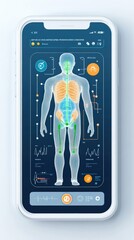 A smartphone showing an anatomical diagram with health metrics in a sleek design