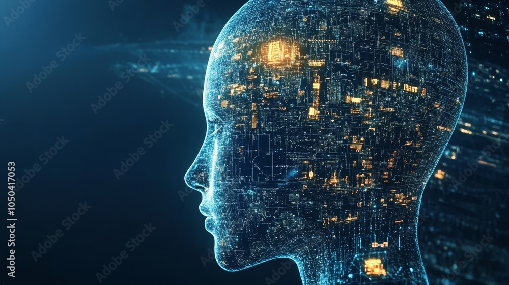 Poster ai consciousness: the future of human evolution depicts a digital head with circuit board patterns, 