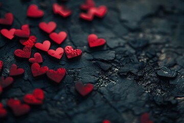 Red Hearts on Dark Wooden Surface