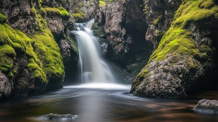 Obraz premium A waterfall flowing into one of the vibrant Fairy Pools, surrounded by mossy rocks and dramatic Scottish landscapes. No people included.