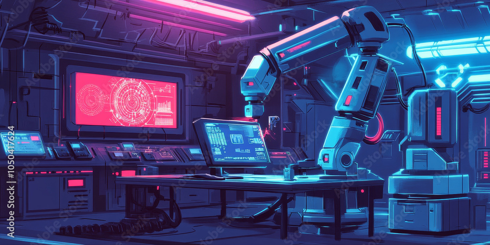 Aufkleber futuristic laboratory featuring an advanced robotic arm interacting with a computer, showcasing a ha