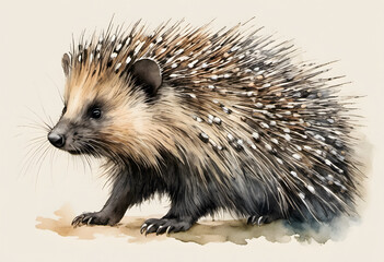Fototapeta premium Watercolor painting of a hedgehog with detailed spines and a soft expression.