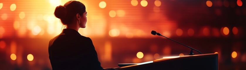 Silhouette of a speaker in front of a podium with warm background lights.