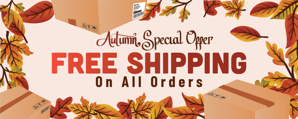 autumn leaves and shipping package. autumn special offer free shipping on all order web banner template vector illustration.