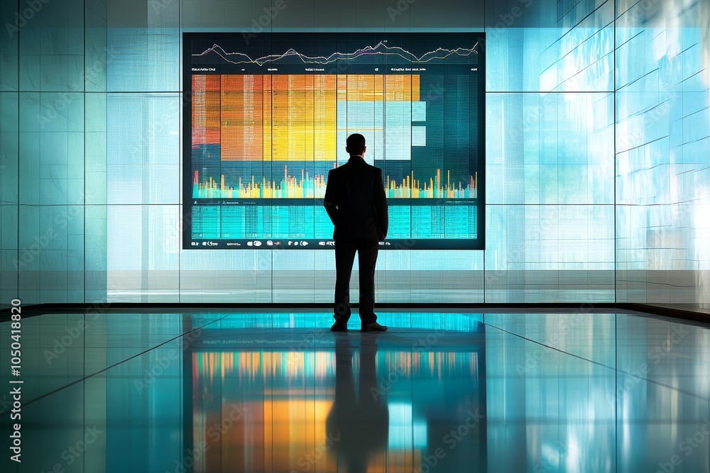 Poster a businessman stands in a modern office, analyzing data charts displayed on a large screen. the char