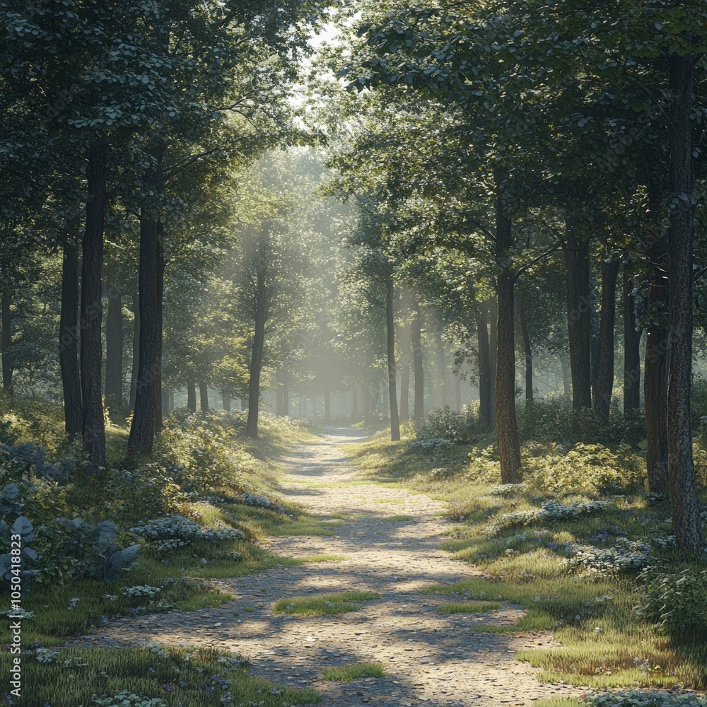 Aufkleber a tranquil 3d representation of a serene forest path with tall trees and dappled sunlight, inviting 
