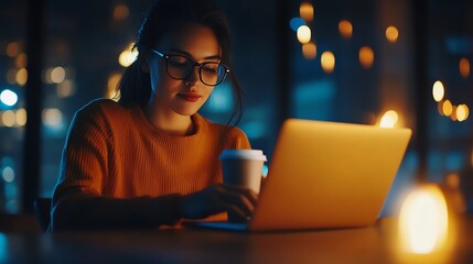 Woman using laptop in a cozy cafe environment at night with a coffee cup.