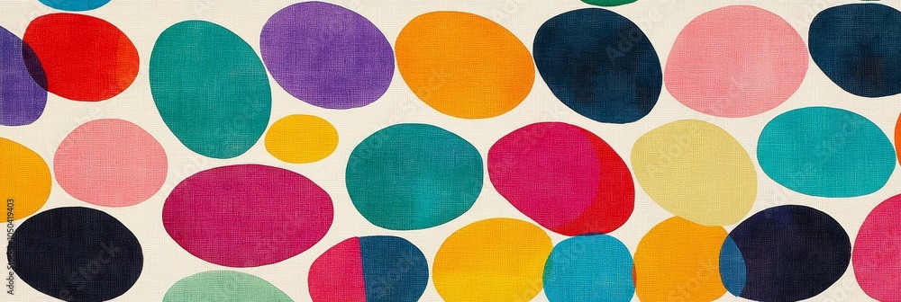Poster a vibrant and playful abstract pattern of colorful circles and ovals, symbolizing joy, creativity, e
