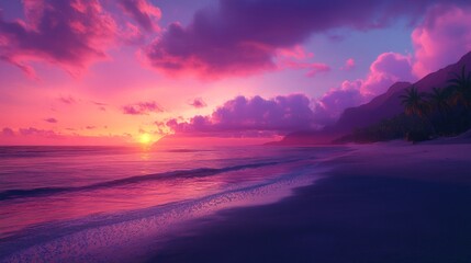 Obraz premium A serene beach scene at sunset, showcasing vibrant colors and tranquil waters.