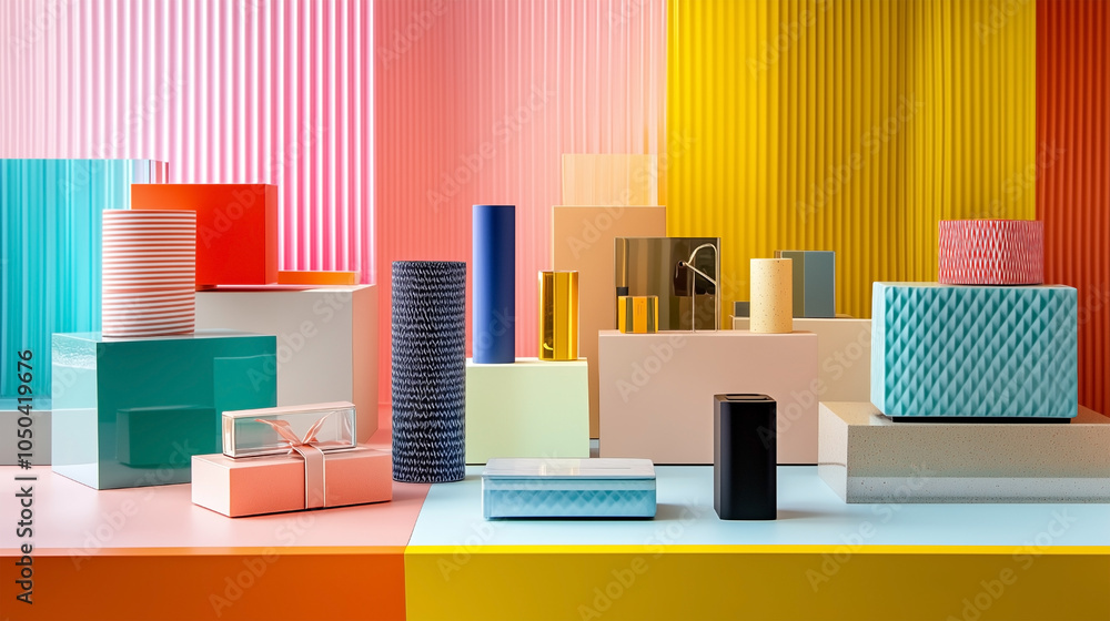 Poster a table with many different colored boxes and containers