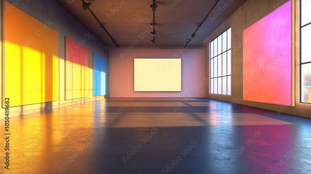 Poster modern gallery interior with colorful walls and a large blank canvas ready to display your artwork, 