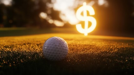 Golf course at sunrise featuring a golf ball on grassy turf, with a glowing dollar sign softly blurred in the background, representing sports investments and sponsorships