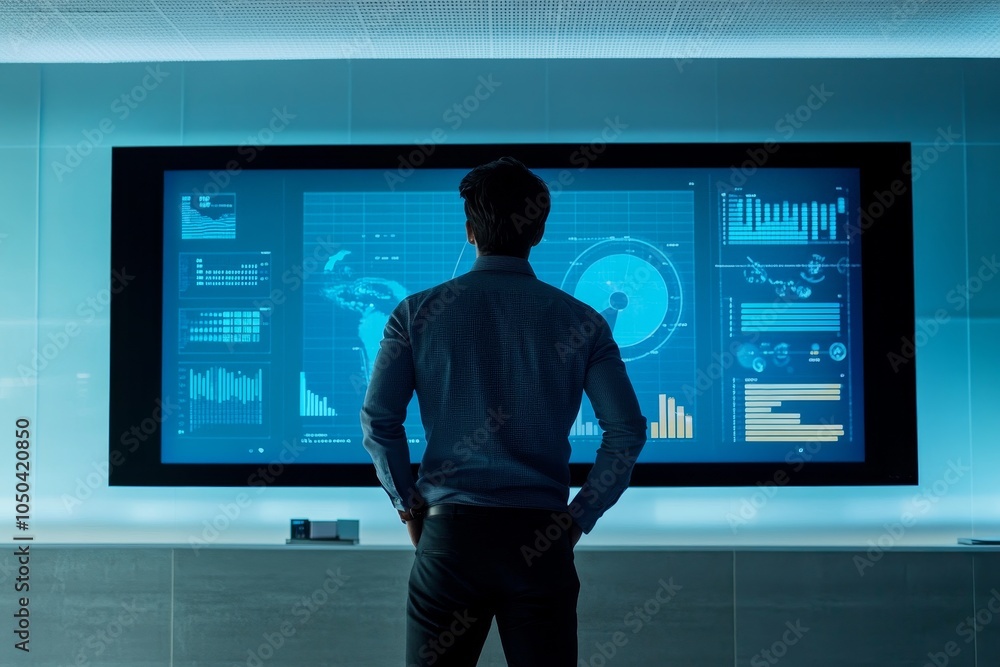Poster a businessman in a modern office studies data displayed on a large screen, analyzing trends and insi