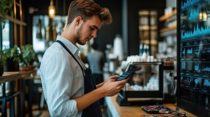 Fototapeta premium A young man in an apron checks his phone in a modern caf? setting.