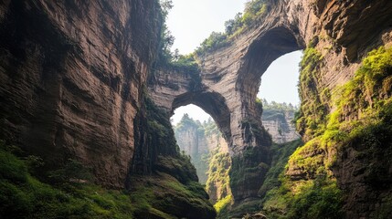 Dramatic landscape of the Three Natural Bridges, China, viewed from the bottom of the gorge, with towering arches overhead and greenery surrounding. No people included.
