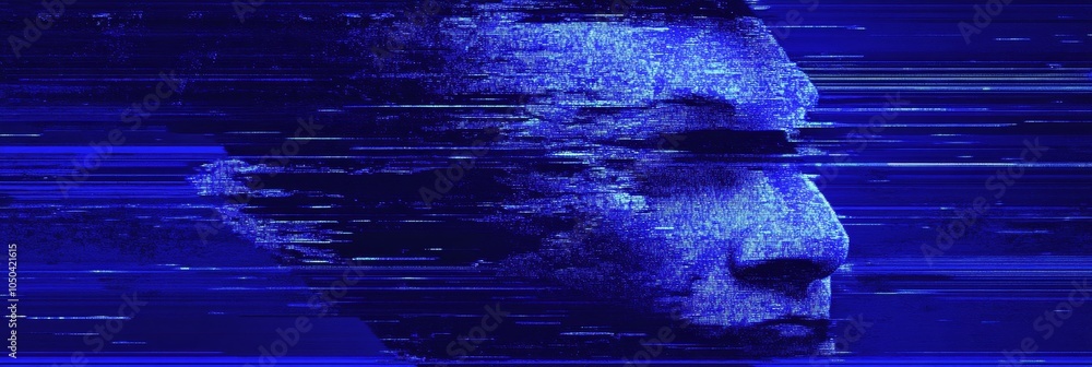 Poster a digital face with glitches and pixel noise, representing data corruption, digital transformation, 